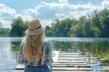 Fototapeta premium A woman sits on a dock by a lake, painting a picture. The scene is peaceful and serene, with the woman enjoying the beauty of nature