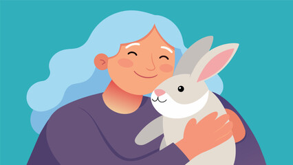 A closeup of an older womans face beaming with joy as she cuddles her emotional support rabbit feeling a sense of calm and contentment wash over her.. Vector illustration - Powered by Adobe