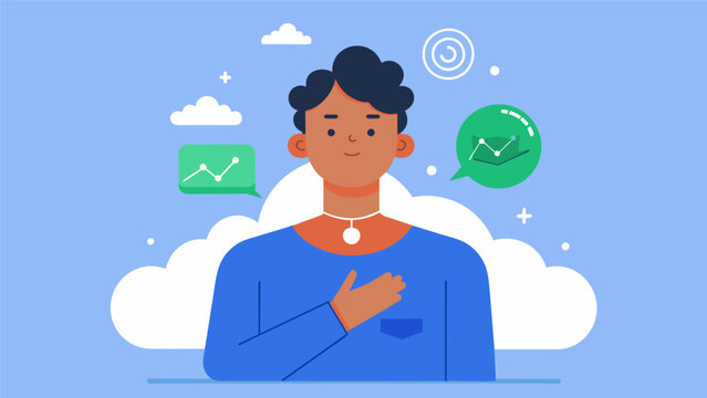 During a break at work a person taps on their collarbone as they reflect on their goals and desires using EFT to align their thoughts and emotions with their aspirations.. Vector illustration
