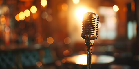 Old microphone on blurred bar background closeup - Powered by Adobe