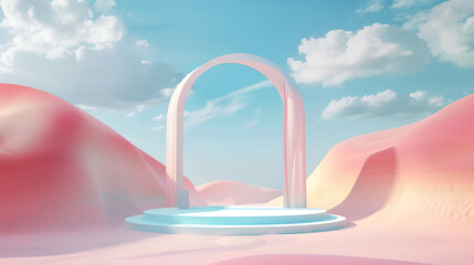 Abstract Surreal pastel landscape background with arches and podium for showing product, panoramic view, Colorful dune scene with copy space, blue sky and cloudy, Minimalist decor design