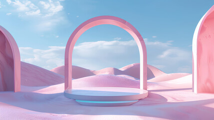 Abstract Surreal pastel landscape background with arches and podium for showing product, panoramic view, Colorful dune scene with copy space, blue sky and cloudy, Minimalist decor design