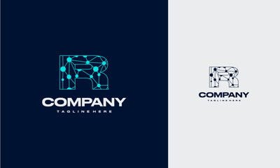 R initial letter with Molecule Technology Logo, Connect Dots Science,Modern Logo Design Vector