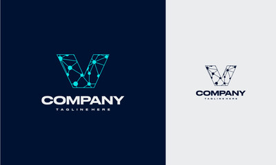 V initial letter with Molecule Technology Logo, Connect Dots Science,Modern Logo Design Vector