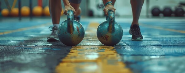 Rigorous fitness training session with a personal trainer, client performing kettlebell swings, motivational environment and supportive guidance