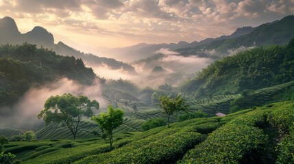 Fototapeta premium Landscape photography, spring, Wuyi Mountains, China, tea plantations