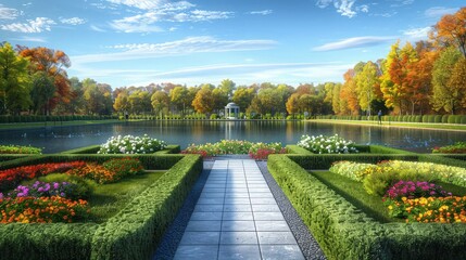 A beautifully maintained park landscape with a rectangular lake, perfectly trimmed hedges, colorful flower beds, and a symmetrical stone path leading to a classical gazebo. - Powered by Adobe