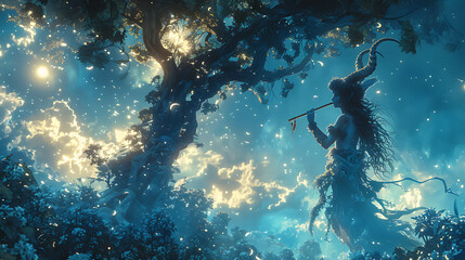 illustration of a mystical creature known as a faun with the body of a human and the legs of a goat playing a haunting melody on a pan flute as it dances through a moonlit forest
