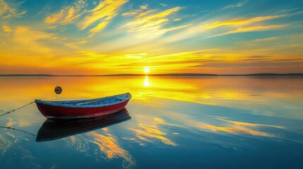 A calm lake in northern Europe during sunset, with a small boat floating silently, the sky ablaze with yellow and blue hues reflecting off the glassy water.