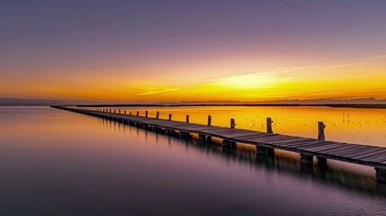Fototapeta premium Wooden boardwalk extending into a calm lake during a serene golden sunset for travel marketing banners and atmospheric nature lifestyle background projects.