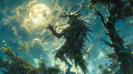 illustration of a mystical creature known as a faun with the body of a human and the legs of a goat playing a haunting melody on a pan flute as it dances through a moonlit forest