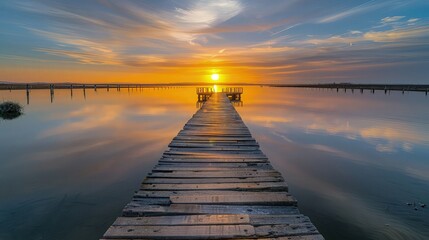 A calming sunset over a long wooden boardwalk in Ciudad Real, with the sky transitioning from golden yellow to deep mauve, reflecting serenely on the water  surface. - Powered by Adobe