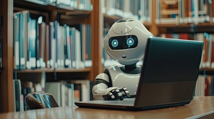 ai robot typing on laptop in library