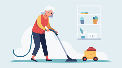 An older woman using a smart vacuum cleaner to easily clean her floors without the strain of traditional cleaning ods.. Vector illustration