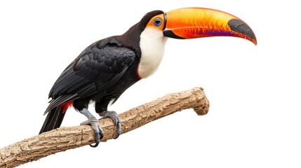 Fototapeta premium Toucan perched on a tree branch against a white background