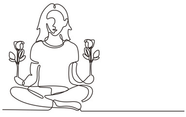 maditating girl with plant inside in hand flowes yoga pose