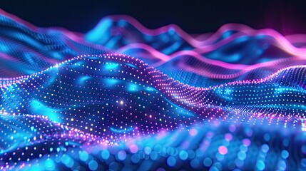 Futuristic holographic waves in vibrant neon colors pulsating against dark background