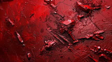 Red wall with numerous cracks and splatters of paint. Weathered surface concept