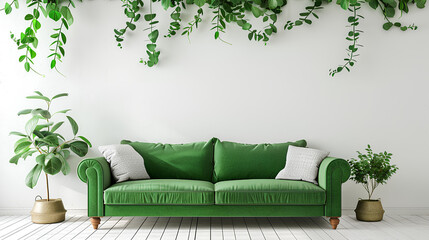 Living room interior with sofa and green plants on white wall background