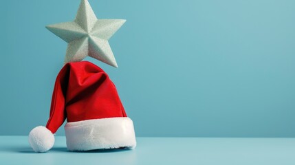 Festive decorations of a Christmas star and Santa hat on a soft blue backdrop - Powered by Adobe