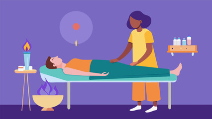 A person lies on a massage table covered in a warm blanket as a practitioner uses tuning forks to stimulate and balance their chakras.. Vector illustration