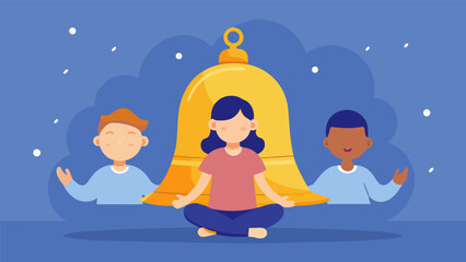 The gentle ring of the mindfulness bell signals the start of a mindful minute with students closing their eyes and focusing on their breathing to clear their minds.. Vector illustration
