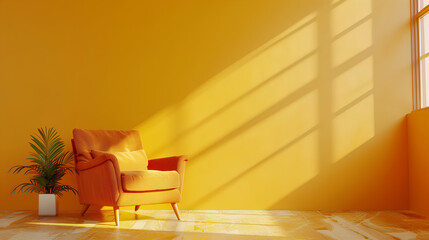 Modern wooden living room with an orange armchair on empty yellow wall background