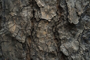 The bark of a tree is cracked and rough, with deep grooves and splinters
