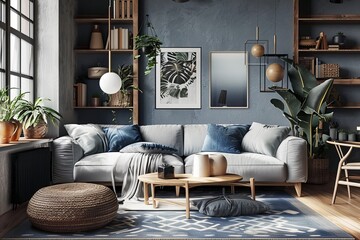 Scandinavian Sanctuary in Blue and Gray Tones Living Room Interior Design