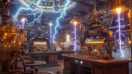 Retrofuturistic laboratory with lightning bolts