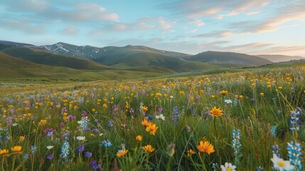 Fototapeta premium Rolling hills covered in wildflowers during a spring day