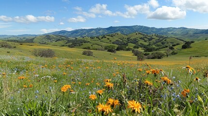 Fototapeta premium Rolling hills covered in wildflowers during a spring day