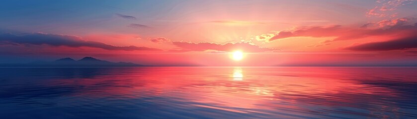 Obraz premium Beautiful panoramic sunset over the calm sea with vibrant colors reflecting in the water and a peaceful horizon.