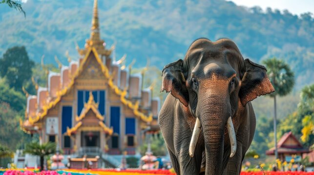 Majestic elephant in front of a traditional Thai temple with mountains in the background, showcasing the beauty of Thailand's culture and nature.