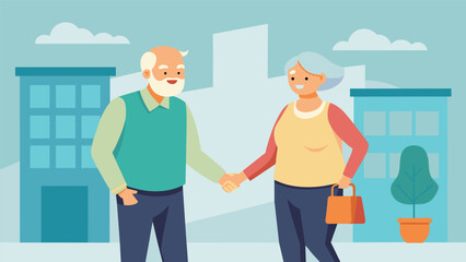 Fototapeta premium A happy couple in their retirement years holding hands as they walk into a community center for their annual health screenings.. Vector illustration