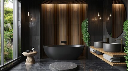 A bathroom with black tiles, wood wall panels and vertical slats, a large freestanding bathtub in the center of the room, two small round stone tables on each side, a modern sink, wall sconces,