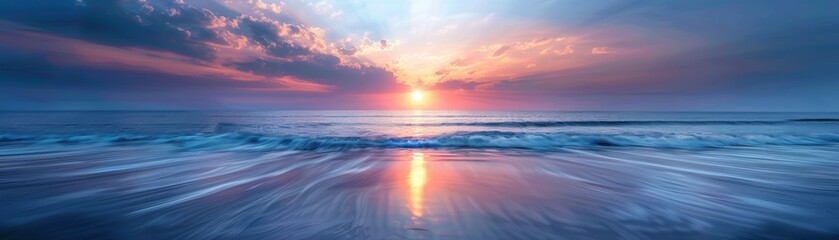 Serene sunset over calm ocean waves. Purple and pink hues fill the sky, creating a tranquil, picturesque seascape view.