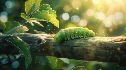 A close-up of a green caterpillar crawling on a wooden branch, with a soft-focus background of leaves and sunlight - Powered by Adobe