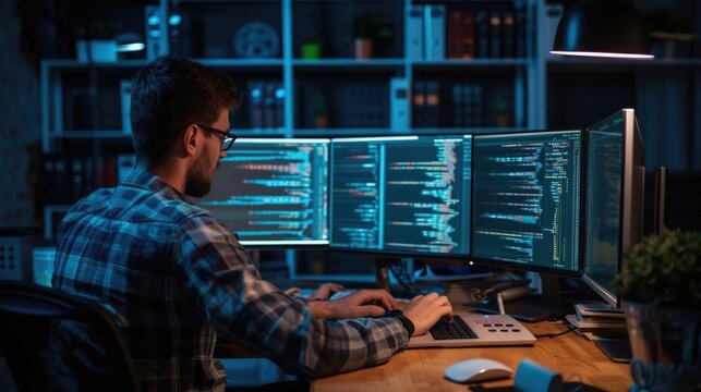 A software developer works on code late into the night, illuminated by the glow of multiple computer screens in a modern office. AIG41