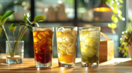 A glass brimming with aromatic coffee, soothing green tea, and crisp iced tea, promising a delightful and refreshing drink trio.