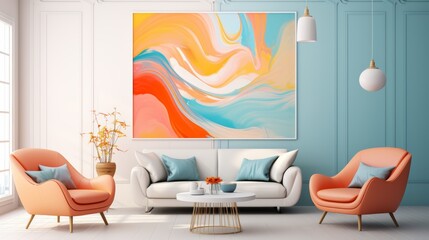 Modern living room with vibrant abstract art on the wall, stylish furniture, and pastel color...