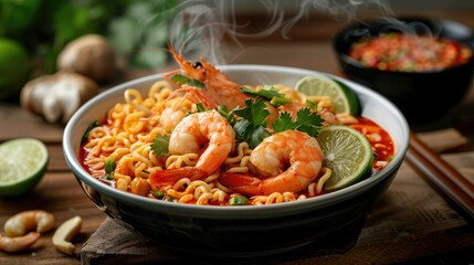 A steaming bowl of Tom Yum Goong instant noodles, garnished with shrimp, lime, and fresh herbs, showcasing its spicy and tangy flavors.