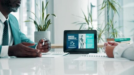 Hands, employees and ai with tablet, screen and presentation with connection, economy and feedback. Closeup, business and group with tech, review profit and revenue for software sales, app and invest