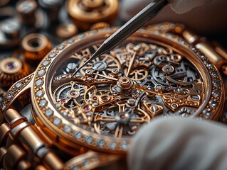 Intricate close-up of a luxury mechanical watch being repaired by a gloved hand, showcasing the detailed inner workings and delicate gears.