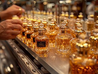 Obraz premium Rows of elegant perfume bottles being handled by hands, showcasing luxury fragrances in a beautiful arrangement.