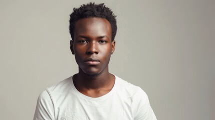 Obraz premium Young and handsome African man wearing a t shirt in a studio setting with empty space for text