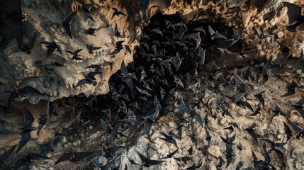 Bird's-eye view of bats swarming into a cave, revealing the mesmerizing patterns of their flight.