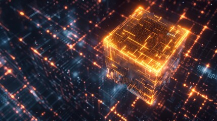 Fototapeta premium A glowing cube of data with digital connections, floating in black space, surrounded in the style of pixelated landscapes, with cinematic lighting, in a low angle shot, like a still from a sci-fi film