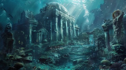 Underwater civilization with mermaids and ancient ruins beneath the ocean