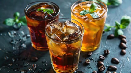 Close-up of a glass featuring rich coffee, delicate green tea, and refreshing iced tea, presenting a trio of tantalizing flavors.